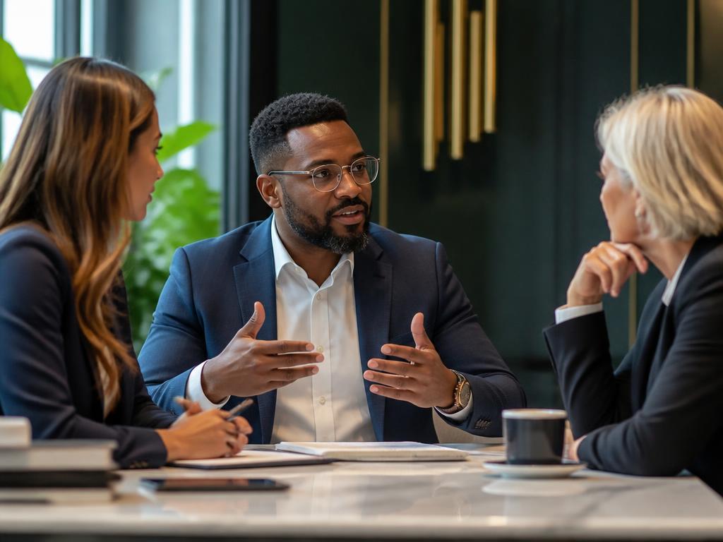 Three executives in a focused strategy conversation across a conference table.