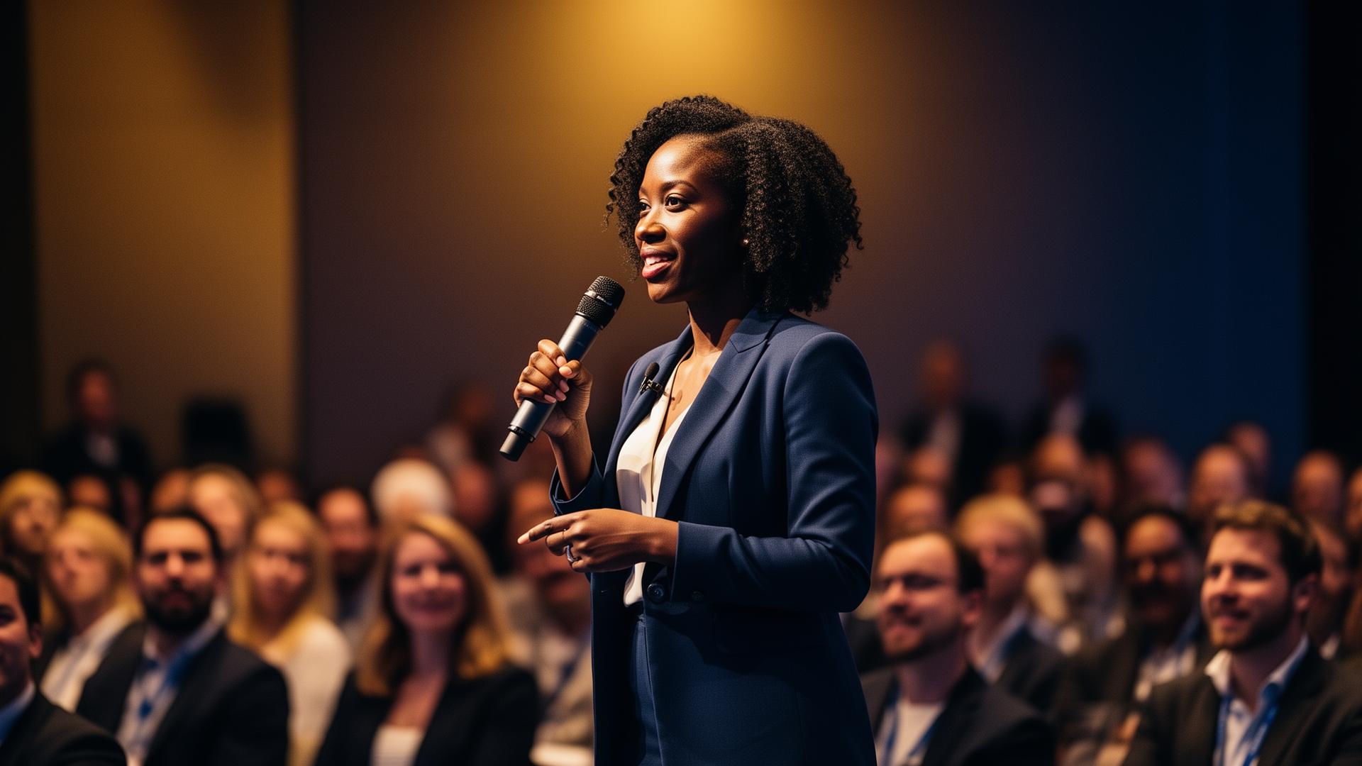 Keynote speaker addressing an engaged conference audience under warm stage light